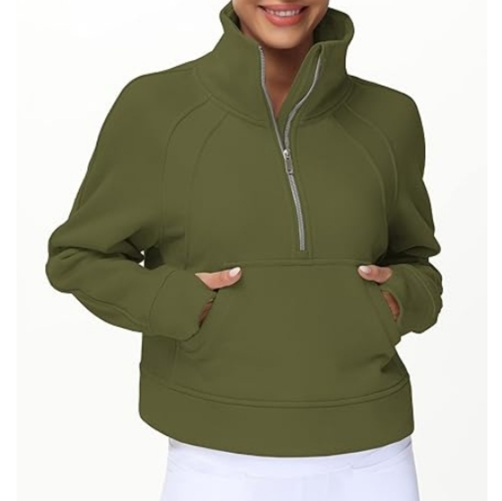 Quarter Zip Pullover Fleece Stand Collar Crop Sweatshirt with Pockets Green